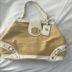 Emma Fox Tan and White Shoulder Bag with Gold Accents